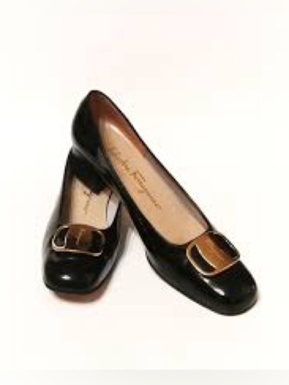 SALVATORE FERRAGAMO Vara Mid~ Heel Pumps with Gold Buckle, Size 8AAA